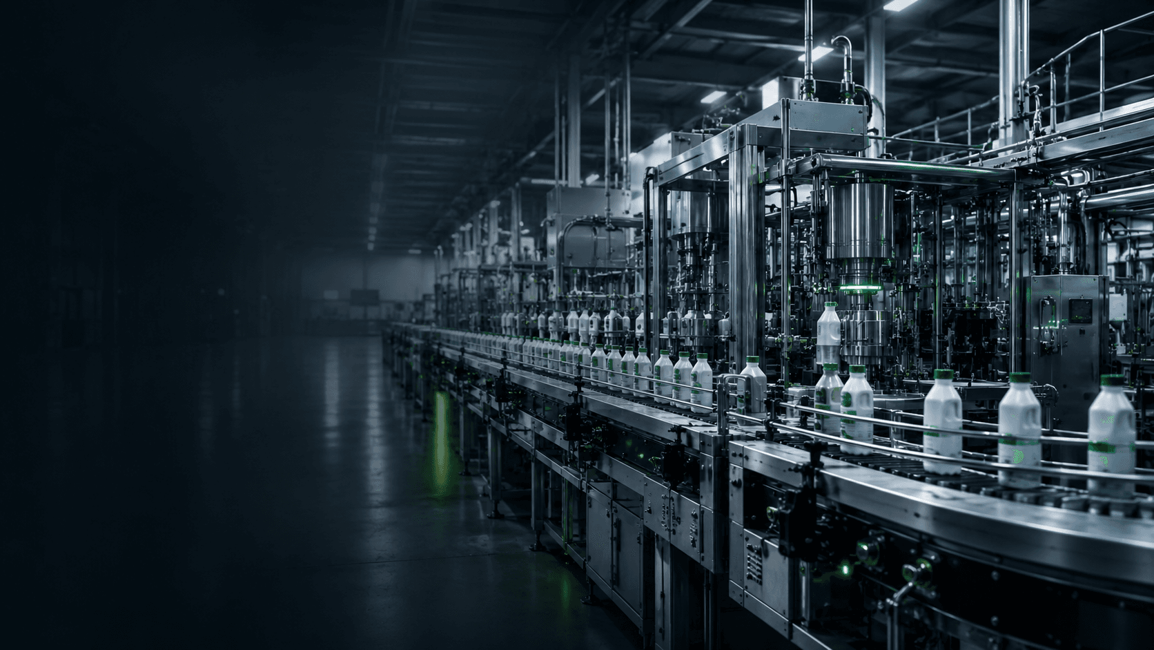Automated packaging line with bottles moving through industrial filling machinery