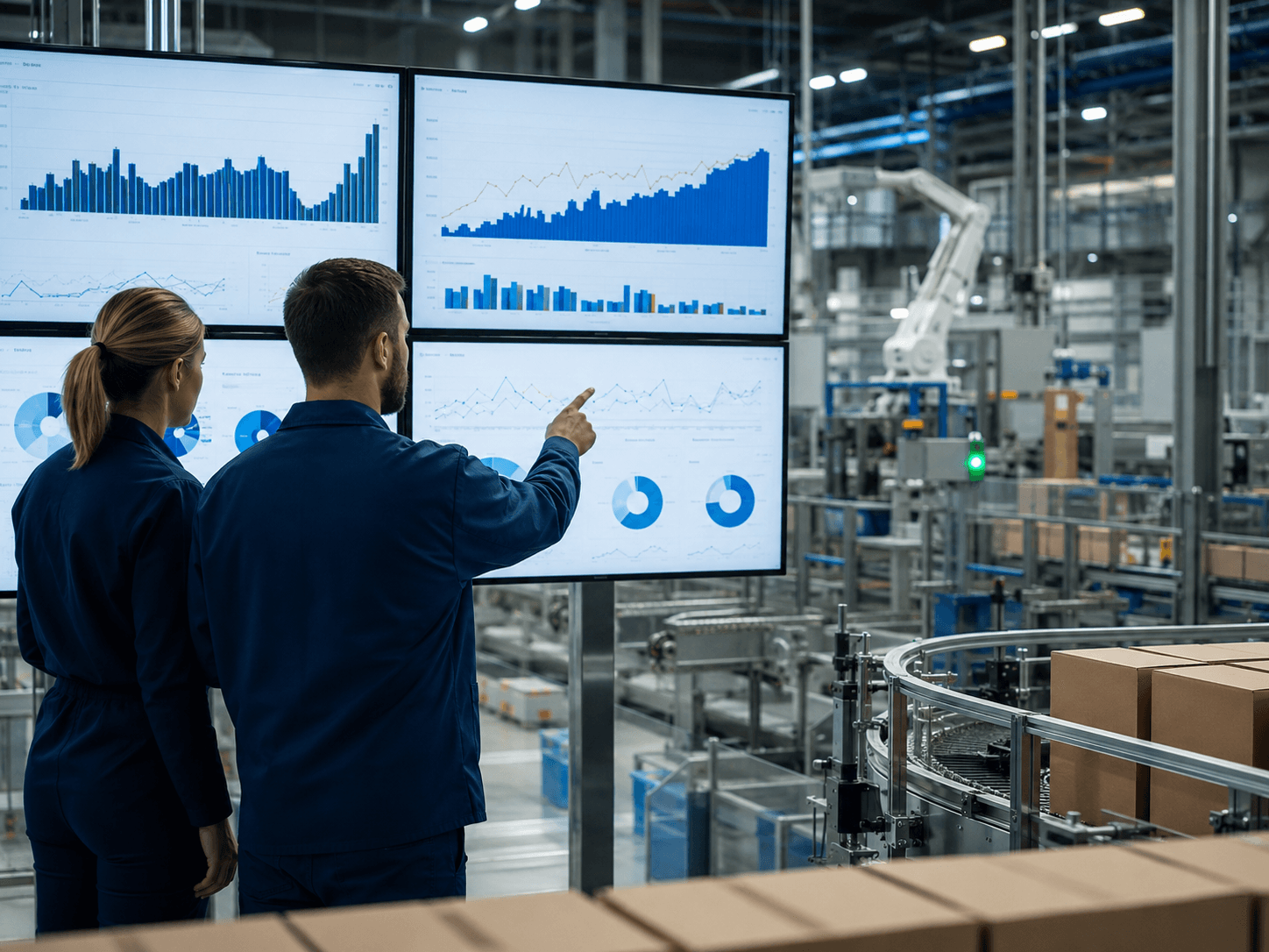 Engineer monitoring packaging line performance and production analytics