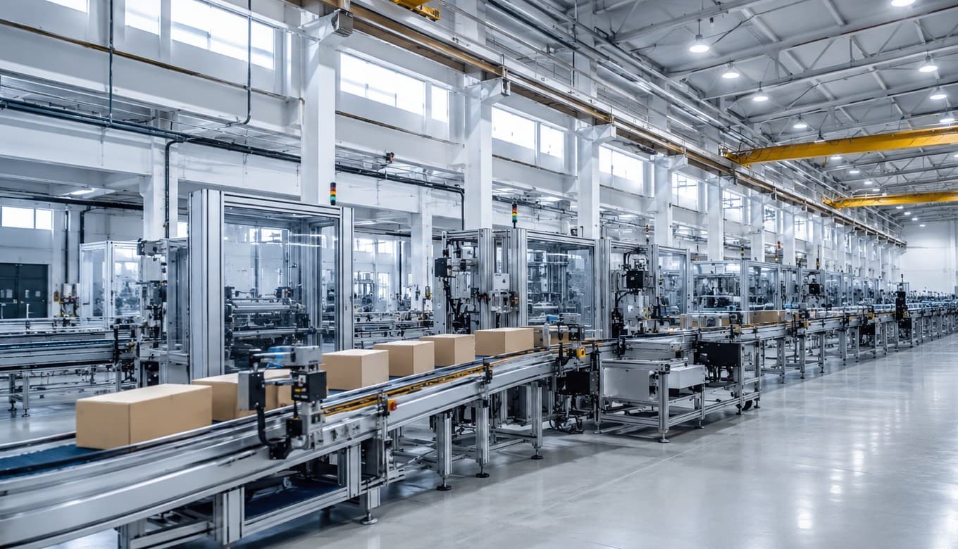 Modern industrial packaging factory with long automated conveyor lines